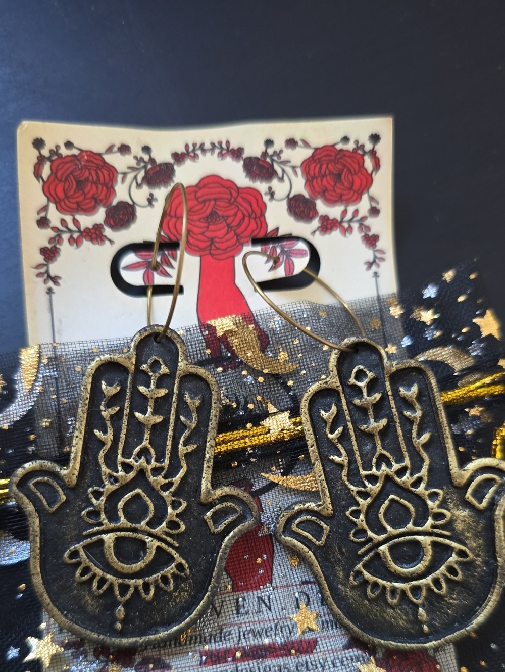 Hamsa Dangle Earrings in Gold and Black